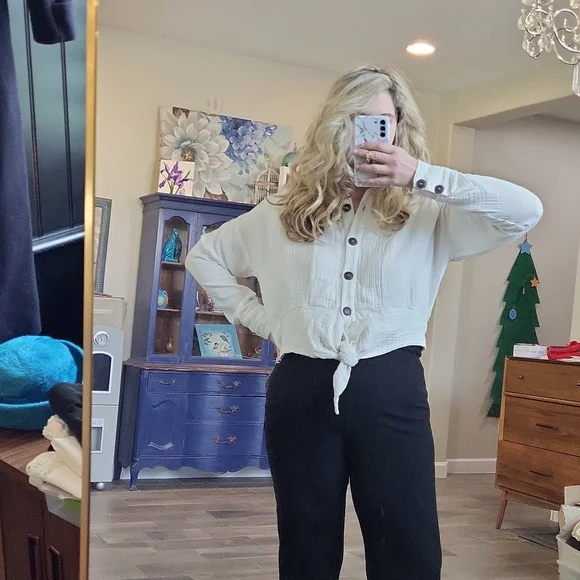 Free People Sun Streaks Tie Front Shirt Top Brown Front Buttons Size Small - Picture 5 of 11